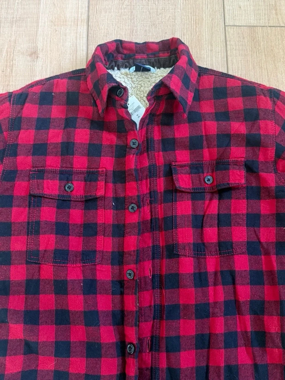 Gap kids size medium red and Black Plaid Sherpa-Lined long button up Jacket nwt